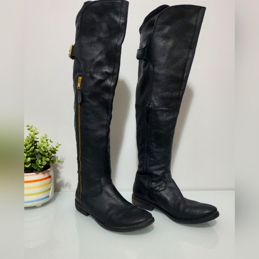 Steve Madden Black Over-the-Knee Leather Boots with Side Zip